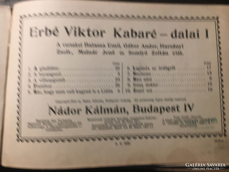 ERBÉ Viktor: KABARÉ Dalai / 1915 / 100  DAL