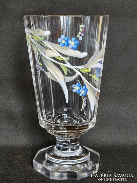 Antique Blown 8-Sheet Polished Biedermeier Hand Enamel Painted Thick Wall Blown Base Forget-me-not Glass