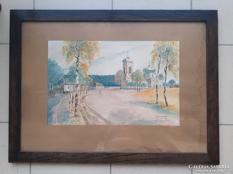 Sződy Szilárd: Kaszimov utcáin, 1917 - régi akvarell, Oroszország
