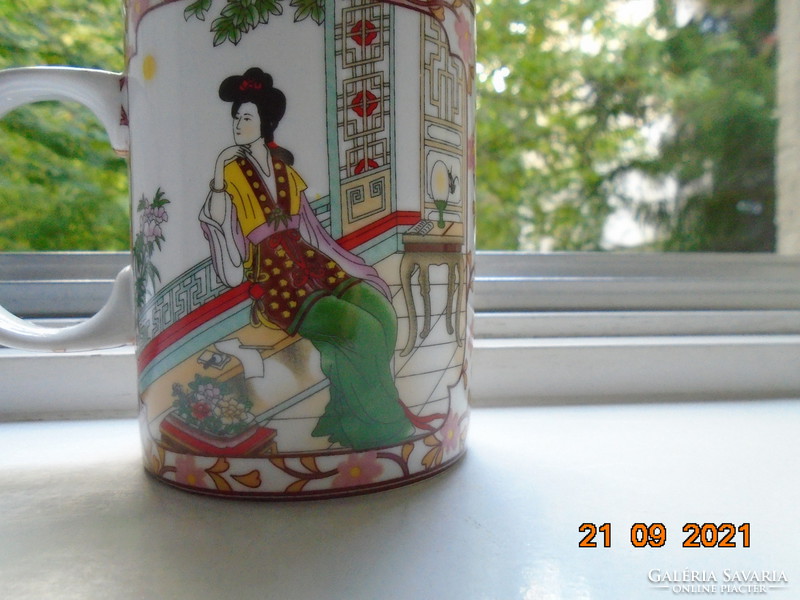Fiatal hölgy portréjával cseresznyevirágos szűrős fedeles teáscsésze