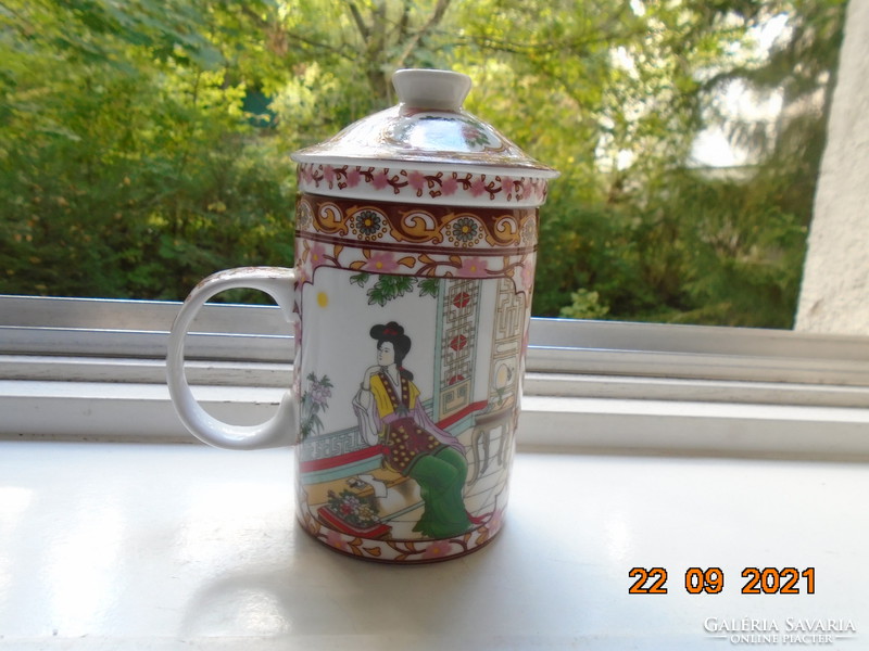 Fiatal hölgy portréjával cseresznyevirágos szűrős fedeles teáscsésze