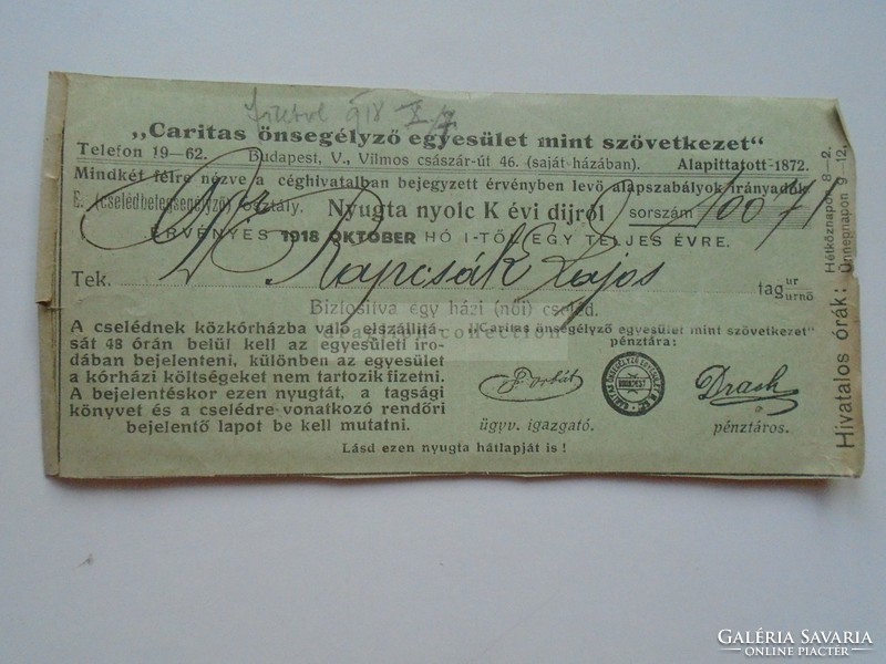 G21.509 Caritas önsegélyző egyesület - Nyugta  nyolc K évi díjról  Dr. Rapcsák Lajos 1918