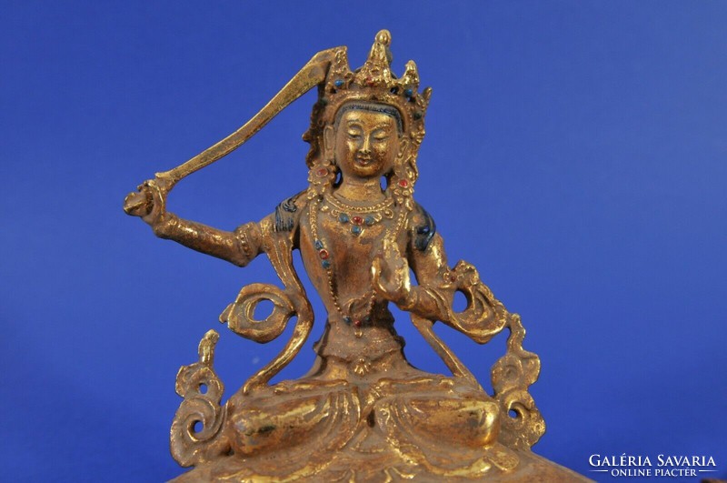 Goddess Wenshu, antique gilded bronze figure, 19th Century