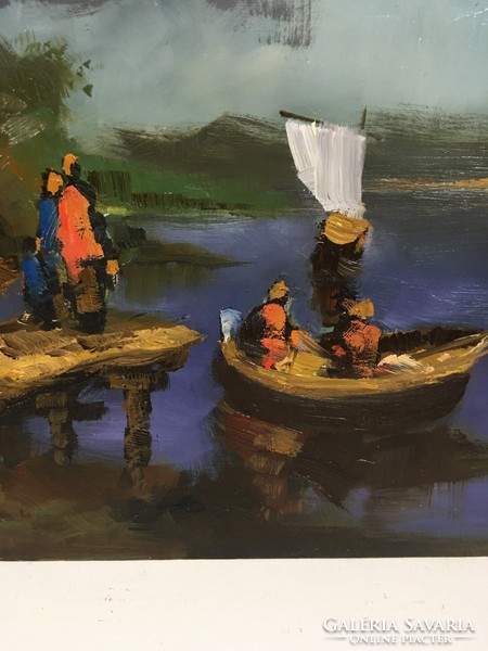 István Károlyi: waterfront scene, oil painting