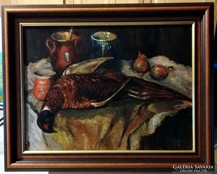 Marked, pheasant still life, in a fabulous frame (30 x 40, oil)