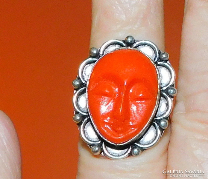 Goddess face ornate coral Tibetan silver ring 8