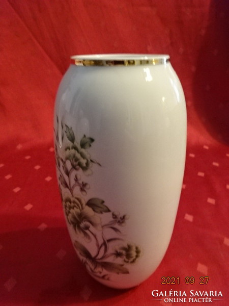 Hollóházi porcelán váza, zöld és sárga virágmintás, magassága 17 cm. Vanneki!