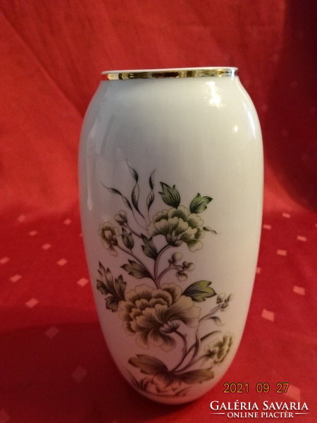 Hollóházi porcelán váza, zöld és sárga virágmintás, magassága 17 cm. Vanneki!