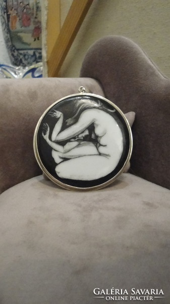 Silver pendant with hand-painted porcelain