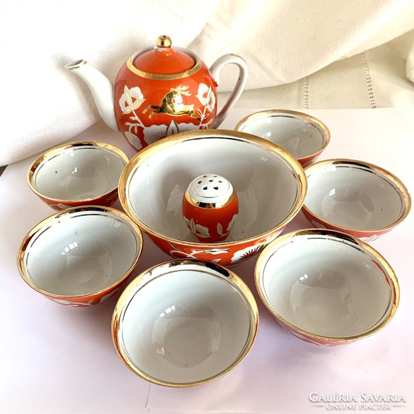 9pcs beautiful Uzbek hand painted Russian tea set + serving bowl, salt shaker - usbekische teeset