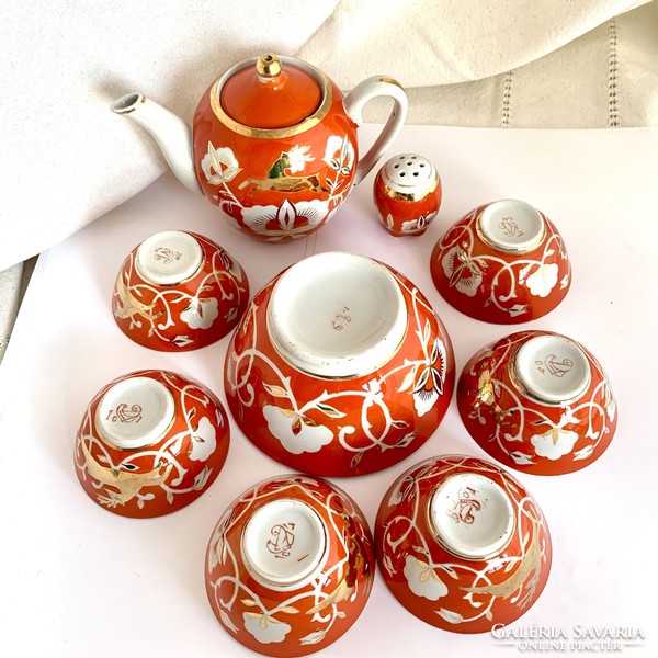 9pcs beautiful Uzbek hand painted Russian tea set + serving bowl, salt shaker - usbekische teeset