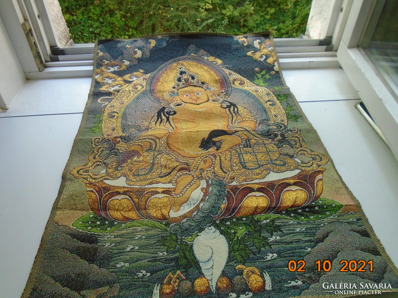 Tibeti selyembrokát aranyszállal hímzett THANGKA a Sárga Arcú JAMBHALA a Gazdagság istenségével