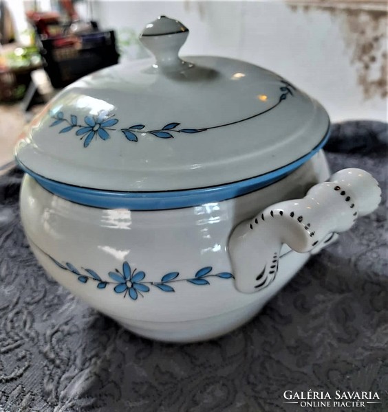 Antik csehszlovák fajansz kék virágos fehér barokk gömbtál, leveses tál, vitrin állapot!