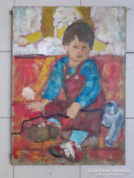 Little boy among toys, marked on old oil canvas, 1972