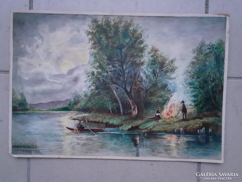 Waterfront life picture - old watercolor from 1932 with unknown sign