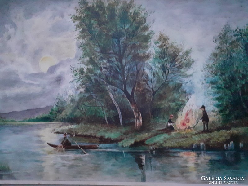 Waterfront life picture - old watercolor from 1932 with unknown sign