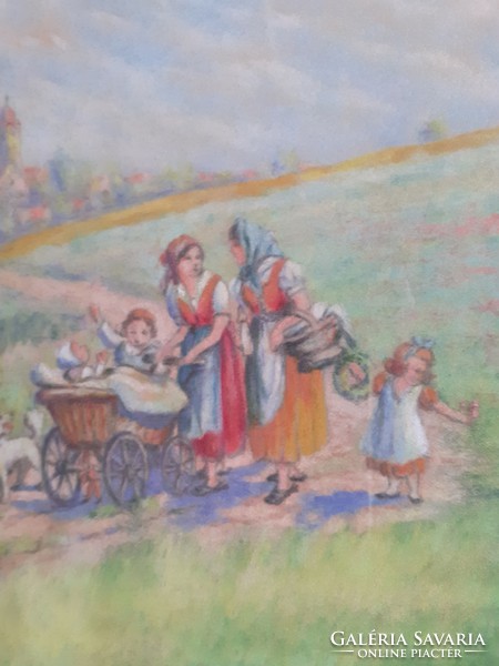 Cheerful little company in the green - old pastel image with unknown sign
