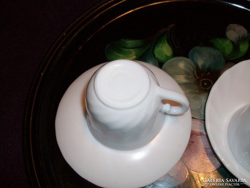 2 French porcelain coffee cups with coasters