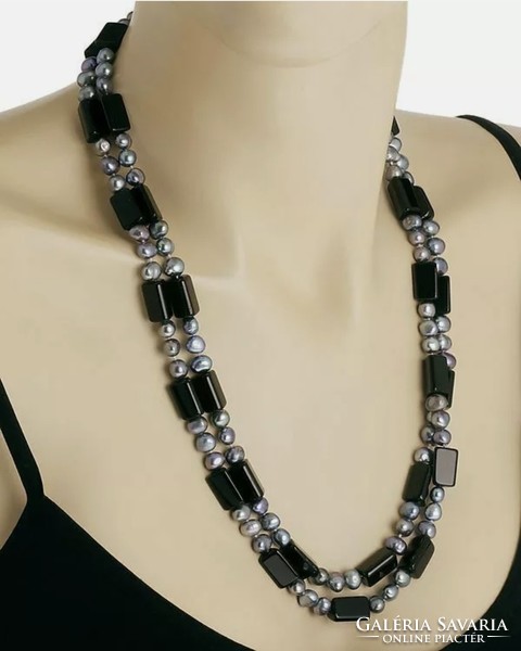 Special onyx - cultured pearl / peacock / with precious stones 120 cm necklace