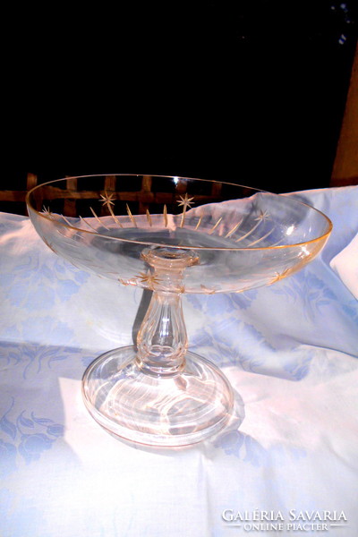 Antique cake or fruit glass bowl with polished decoration and engraved stem