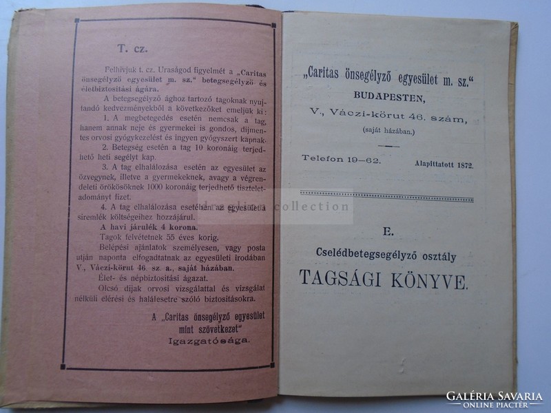 AV833.1 Caritas önsegélyző egyesület - Tagsági Könyv -Cselédbetegsegélyző osztály 1912 Budapest