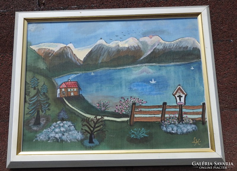 Havas hegycsúcsok tóval - naív jelzett festmény
