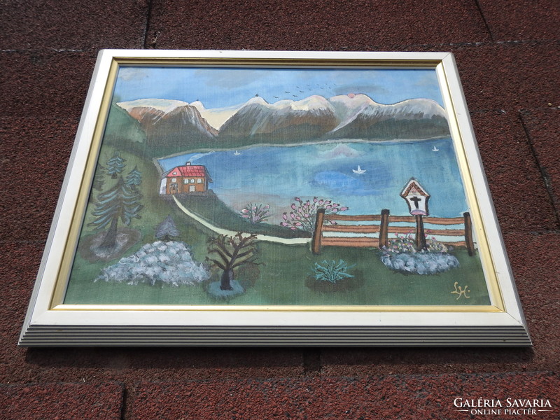 Havas hegycsúcsok tóval - naív jelzett festmény