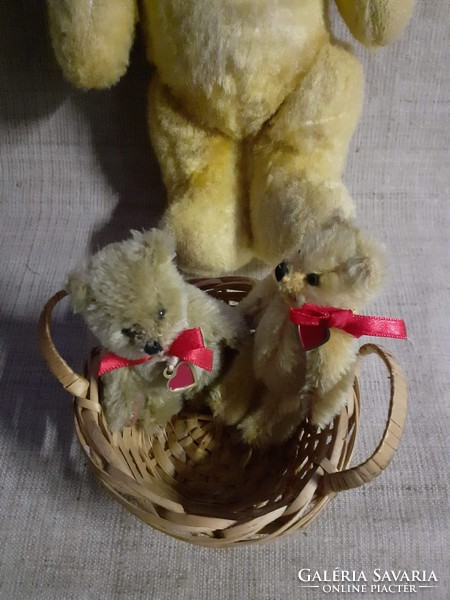3-piece old heart marked teddy bear collection in one gift with small cane basket