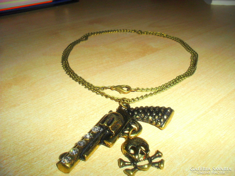 Pistol-skull rocker-motorized men's bronze prestigious necklace 70 cm!