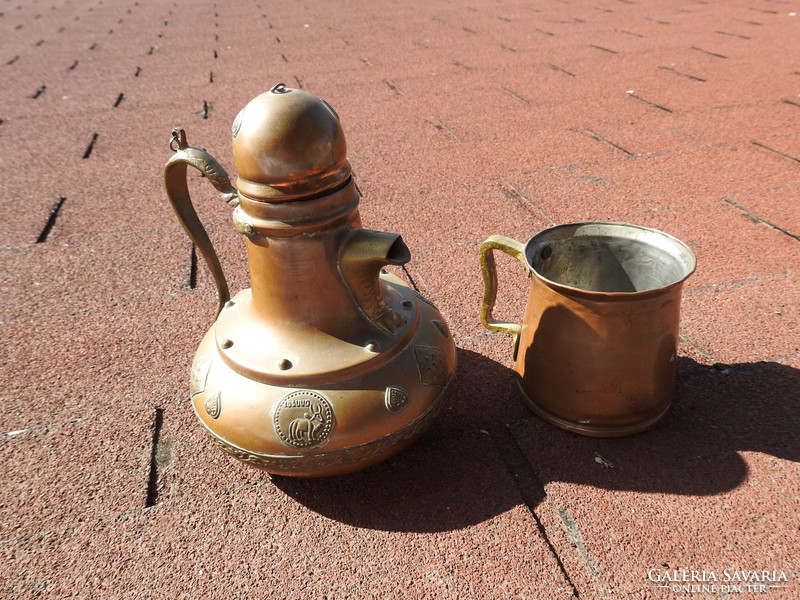 Antique copper goldsmiths: pouring jug with gift cup