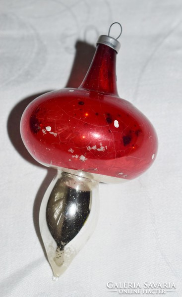 Régi antik karácsonyfadísz festett üveg gomba 10,5 x 6 cm