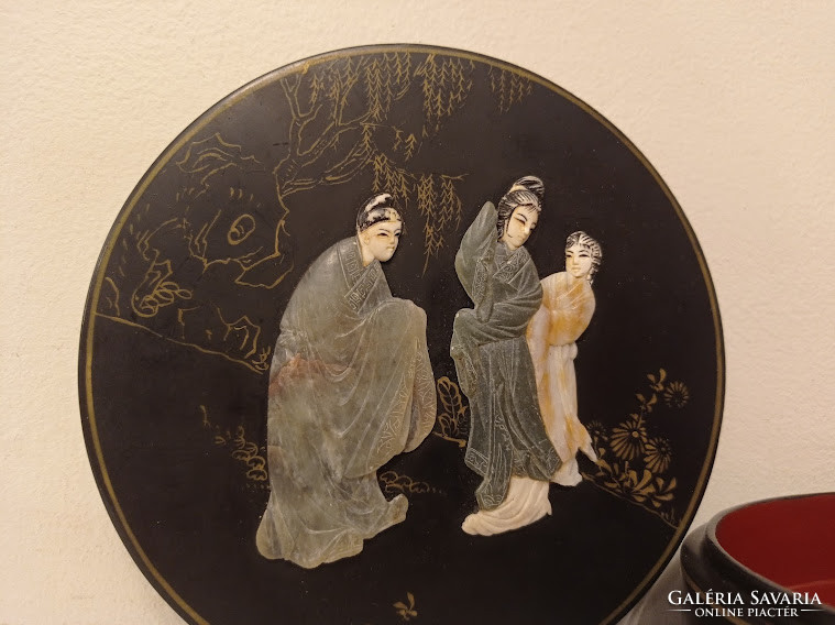 Antik kis kör alakú ázsiai kínai fekete lakk dobozka zsírkő gésa massza berakás