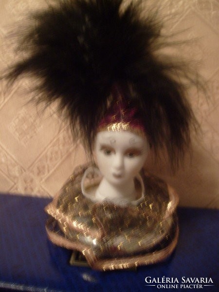 Tk antique teababa original red cap with headgear + branded feather ornate rare porcelain head, 17 cm high