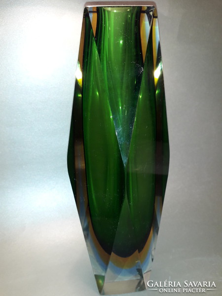 MOST MEGÉRI ÁRON 25 cm Murano Allesandro Mandruzzato Sommerso gyémánt csiszolású üveg váza kiskoccal