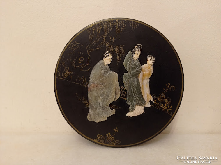 Antik kis kör alakú ázsiai kínai fekete lakk dobozka zsírkő gésa massza berakás