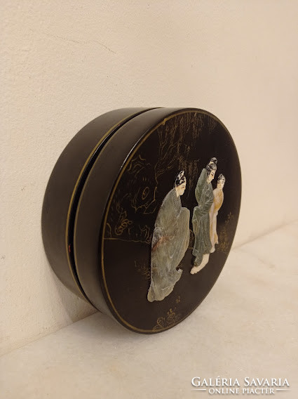 Antik kis kör alakú ázsiai kínai fekete lakk dobozka zsírkő gésa massza berakás