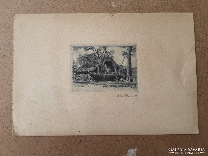 Boat in front of the hut - old numbered etching with unknown sign