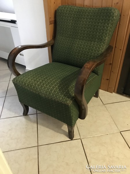 1 db fotel + 2 db szék régi retro fa karfás fotel zöld huzattal