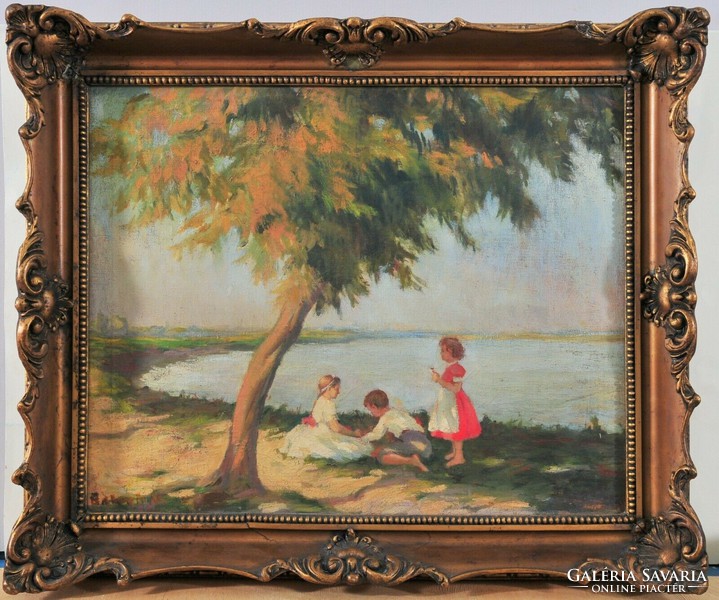 Unknown artist, kids on the river bank