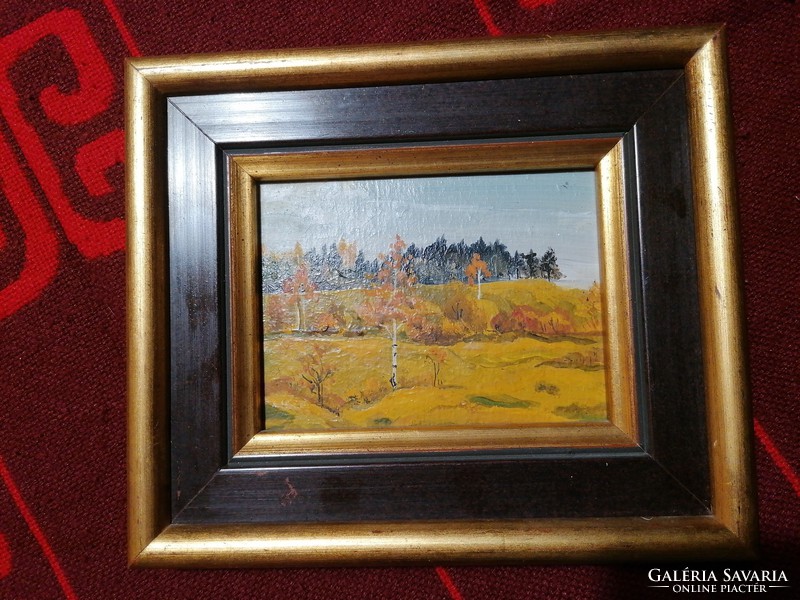 I. Alexandrova "Ősz" c. festménye. Olaj kartonon, 10x13 cm, fa keretben. Kerettel együtt 20,5x17 cm.