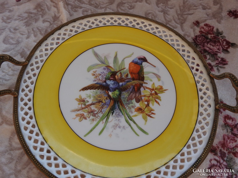 Hummingbird bird hand painted bavaria porcelain bowl with bronze fittings