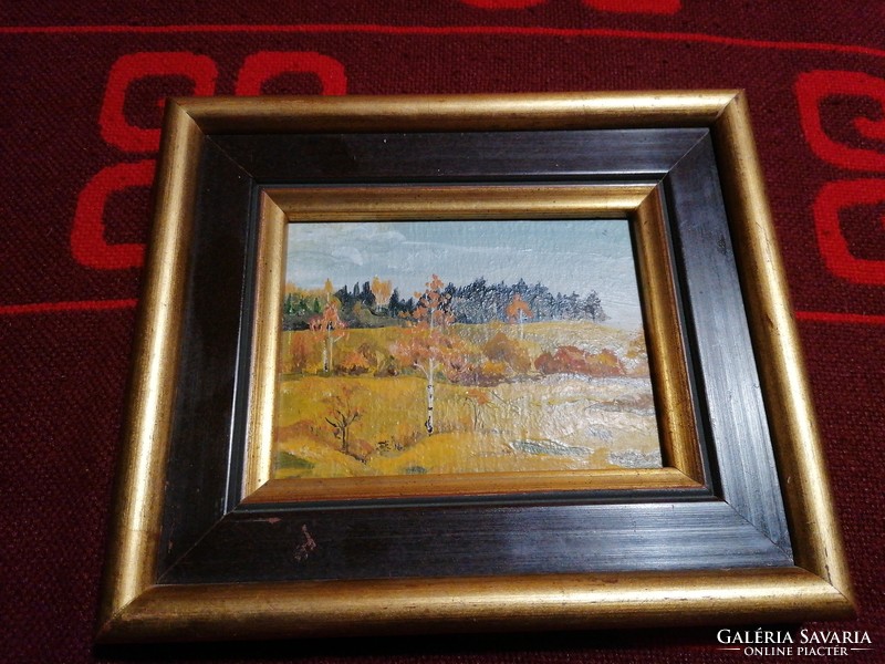 I. Alexandrova "Ősz" c. festménye. Olaj kartonon, 10x13 cm, fa keretben. Kerettel együtt 20,5x17 cm.
