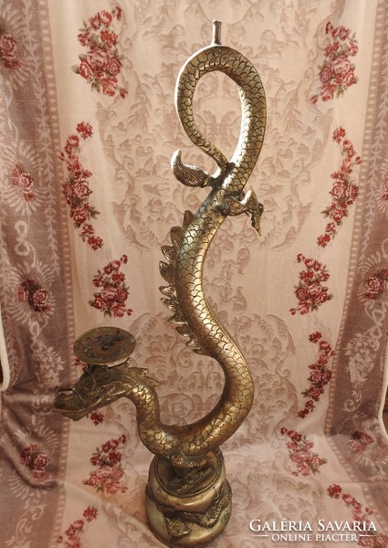 Antik tibeti ezüst - bronz sárkány gyertyatartó 74 cm!