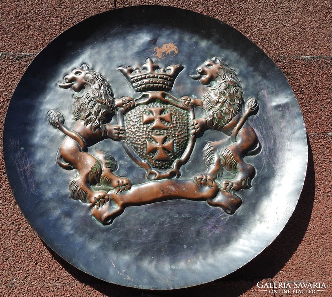 Antik Régi koronás - oroszlános címeres Bronz tál