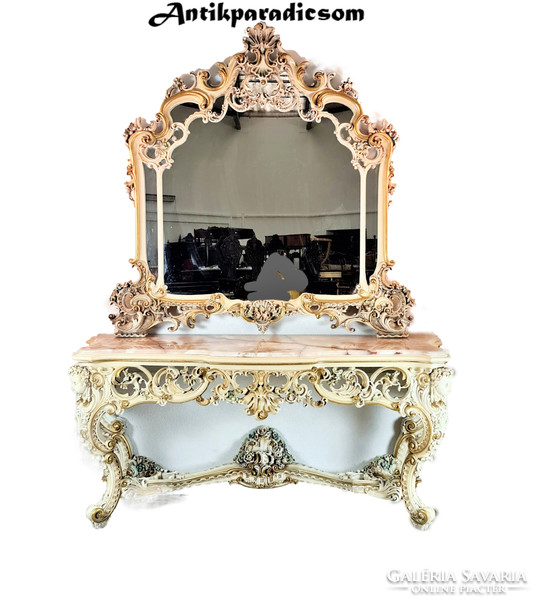 A411 Monumentális faragott  velencei barokk konzolasztal tükörrel