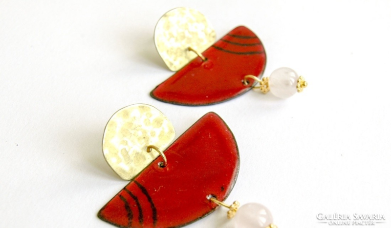 Fire enamel earrings with brass and rose quartz - burgundy gold earrings - modern jewelry