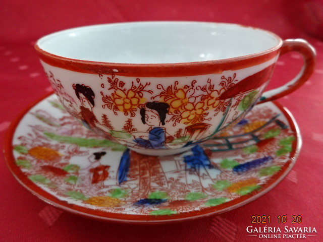 Japán porcelán teáscsésze  + alátét, barna szegélyes. Vanneki!