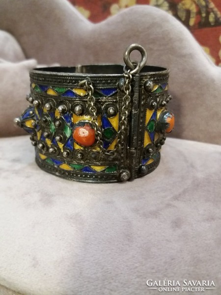 Antique silver fire enamel bracelet with corals