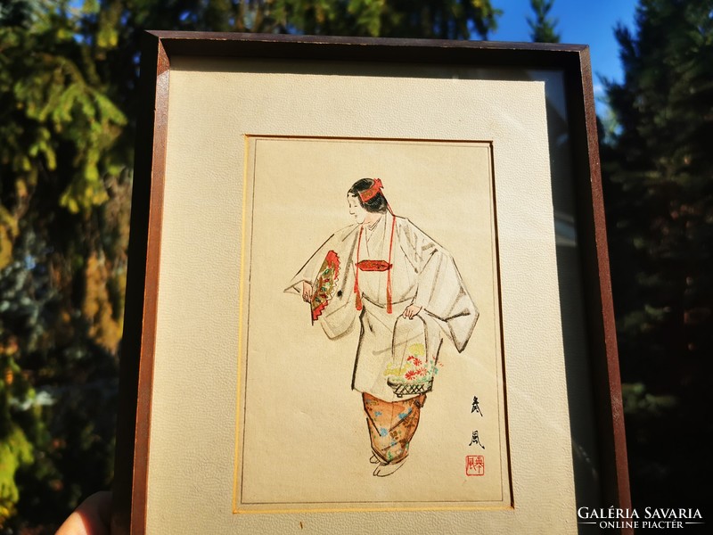 Geisha with flowers, old Japanese drawing