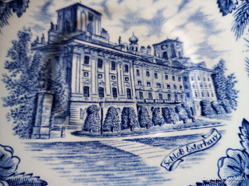 English faience blue small plates with the image of 3 Eszterházy castle